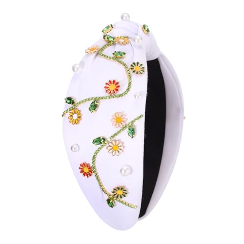 Flower C-White Pearl Knotted Headband for Women - Floral Top Knot with Rhinestones