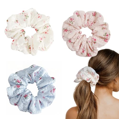 Floral Lace Scrunchies Pack of 3 for Women - Blossom Hair Ties & Ponytail Holders