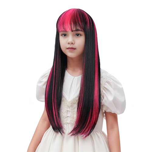 Edivd Long Straight Pink Mixed Black Wig with Air Bangs - Heat Resistant