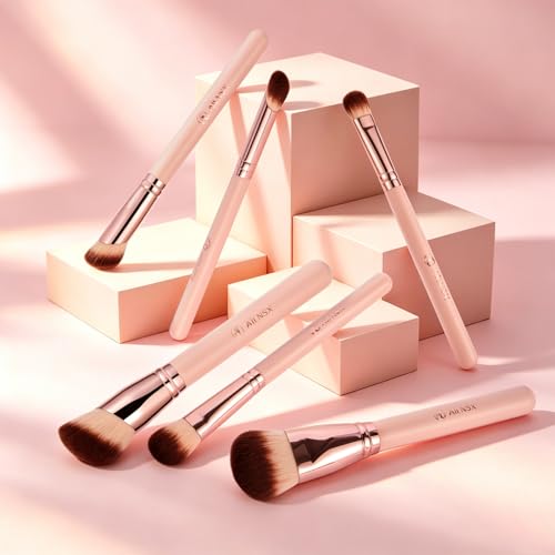 AILNSX Pink Angled Foundation Brush for Liquid, Cream & Powder Makeup - Dense Soft Bristles, Contour, Blush & Bronzer - F212
