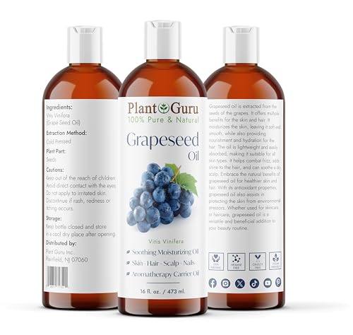 Plant Guru 100% Pure Cold Pressed Grapeseed Oil, 16 fl. oz. for Skin & Hair