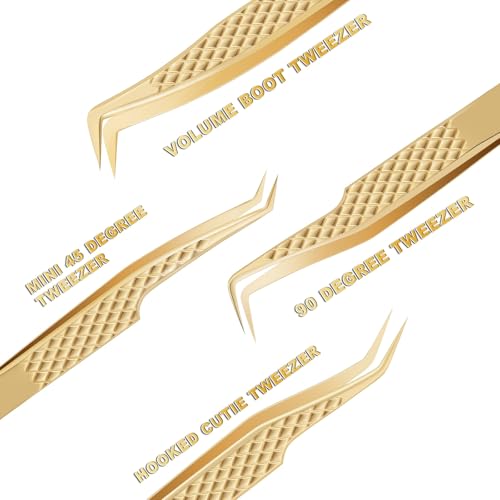 Gold Lash Tweezers Set - 4 Pack Precision Eyelash Extension Tools