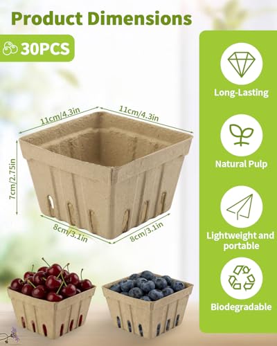 30 Pack Natural Pulp Berry Baskets - Vented Produce Containers