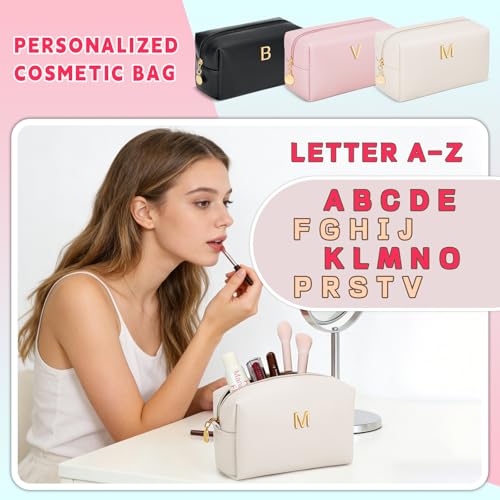 Beige Initial Makeup Bag - Personalized PU Leather Cosmetic Bag