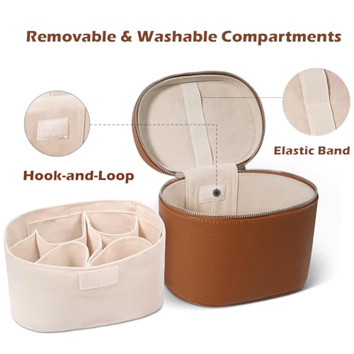 JOVOLIFE Brown Large Capacity Leather Makeup Bag with Removable Compartment