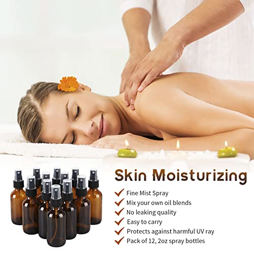 12-Pack 2oz Amber Glass Spray Bottles - Leak-Proof Travel Mist Sprayers