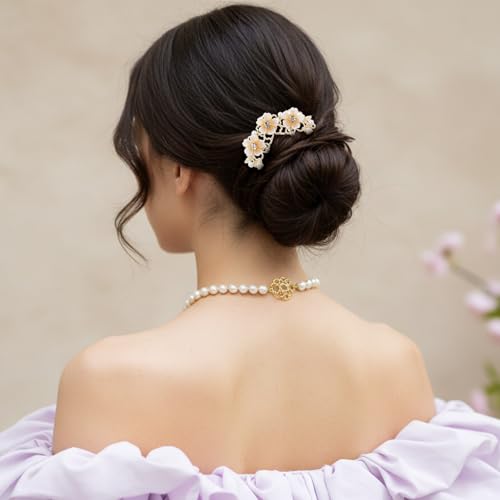 Gold French Hair Pins for Women - 2pcs Pearl Flower Bun Clips