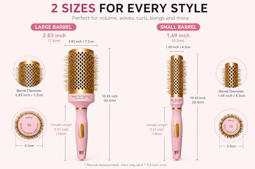 Ceramic Ionic Round Hair Brush Set for Blow Drying - 2pc Kit with Clips