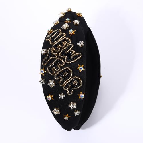 Happy New Year Beaded Knotted Headband with Crystals and Stars