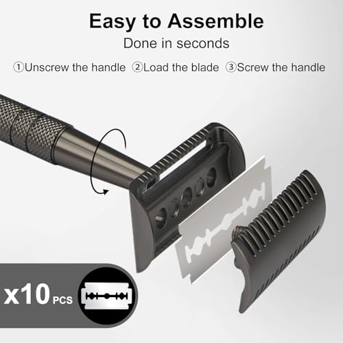 Black Stainless Steel Safety Razor with Stand - Single Blade Men’s Shaving Set