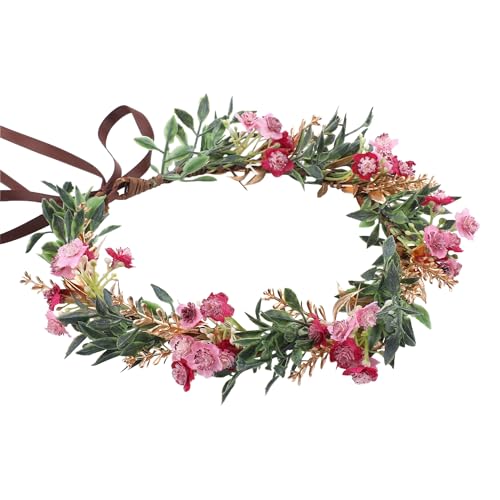 Red Flower Crown Headband with Golden Green Leaves & Pink Flowers