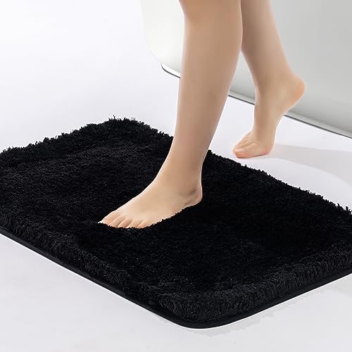 ROSMARUS Black Shaggy Bath Rug 17"x24" - Non-Slip, Ultra Soft Microfiber