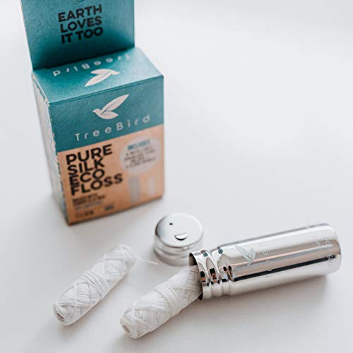 TreeBird Pure Silk Dental Floss Kit - Refillable Stainless Steel Dispenser with Mint Floss