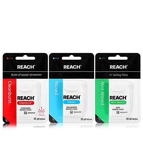 Reach Waxed Dental Floss 3 Pack Variety Bundle - Unflavored, Mint, Cinnamon, 55 Yards Each