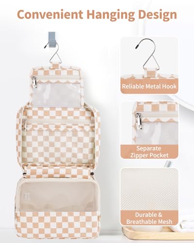 Narwey Small Hanging Travel Toiletry Bag - Brown Checkerboard Organizer