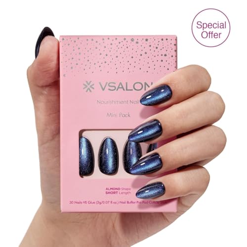 VSALON Almond Short Press on Nails Mini Pack - Dark Blue Cat Eye