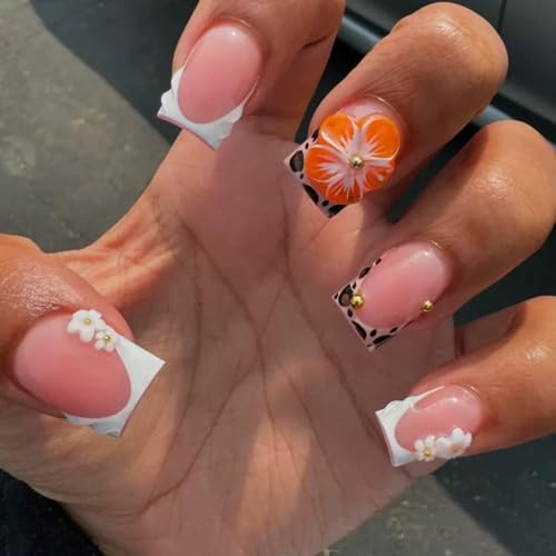 Leopard Print French Tip Press-On Nails with 3D Flowers - 24 Pcs