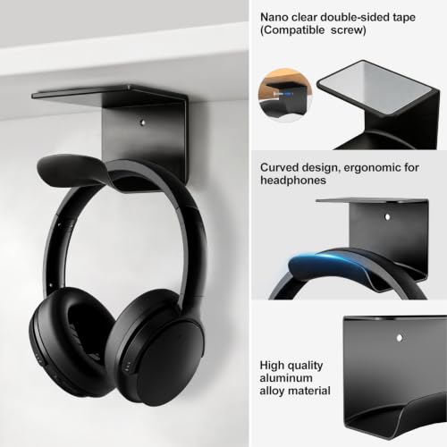 Aluminum Headphone Holder with Adhesive Mount - Space Saving Stand for Gaming & Office