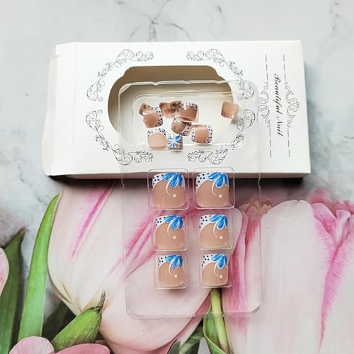 Polka Dots French Flowers 24Pcs Short Square Press-On Toenails with Glossy Finish & Glue, Reusable Fake Toe Nails for Women