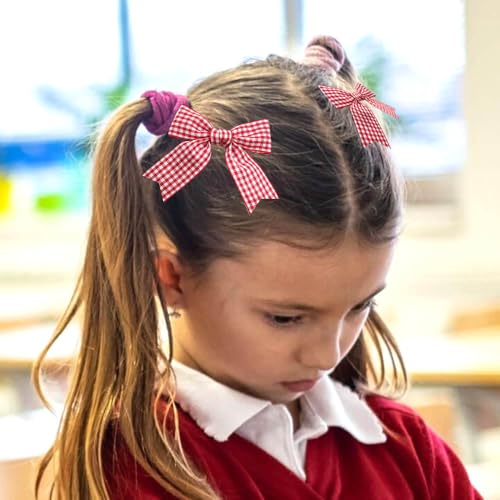 Handmade Red White Gingham Hair Bows - 2PCS Non-Slip Clips