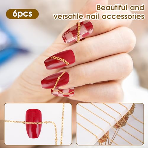 Gold Nail Art Chains Set - 6 Strips of Decorative Nail Charms
