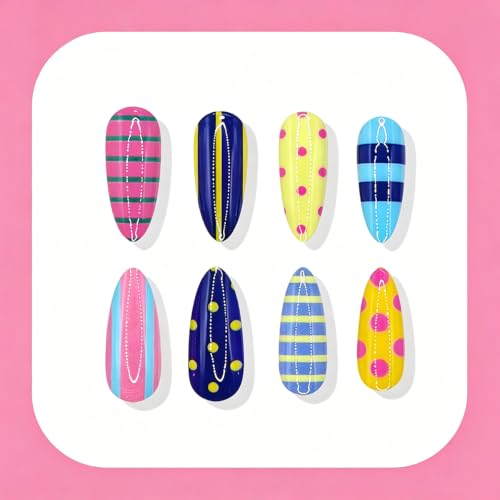 Colorful Medium Almond Press-On Nails with Stripe & Polka Dot Design - 24Pcs
