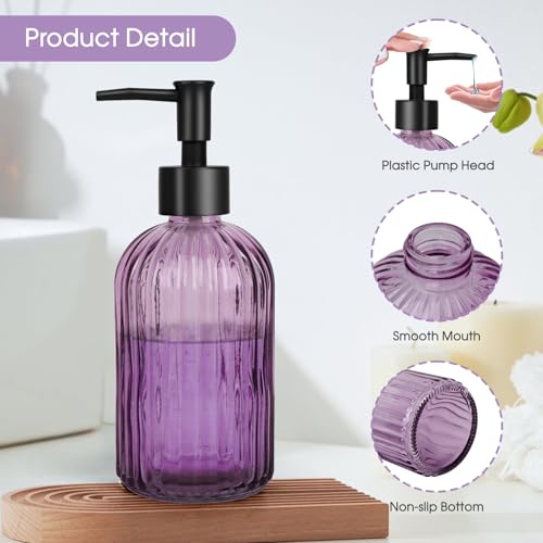 Topsky 2 Pack Purple Glass Soap Dispensers with Black Plastic Pump, 400ml Liquid Hand Soap Dispenser for Kitchen & Bathroom