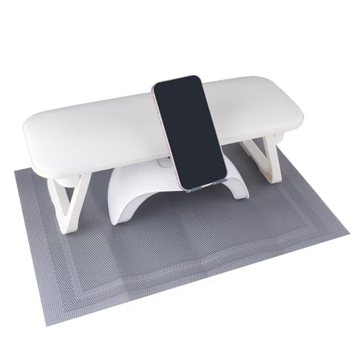Foldable Manicure Arm Rest with Phone Holder & Table Mat - White PU Leather
