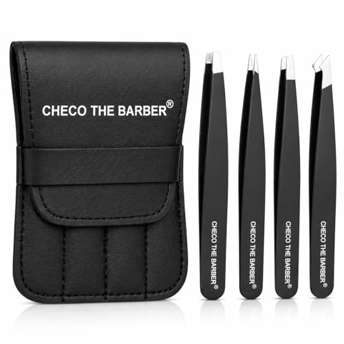 CHECO THE BARBER 4-Piece Stainless Steel Eyebrow Tweezer Set with Leather Case