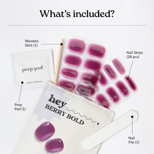 Heyhae Semi Cured Gel Nail Strips - Hey, Berry Bold - Salon Quality, 28 Strips