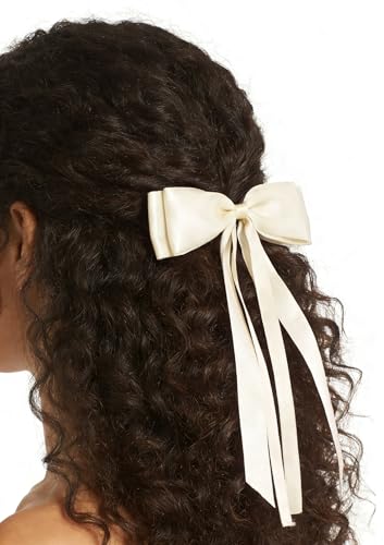 SINNKY 4 Pack Hair Bows for Women Girls - Black & Beige Ribbon Hair Clips