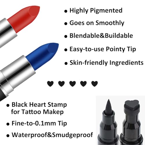 Mysense Halloween Costume Kit: Red & Blue Clip-In Hair Extensions + Face Paint Sticks + Black Heart Eyeliner Stamp (Set3)