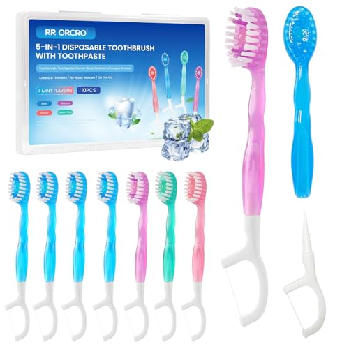 RR ORCRO 10-Pack Disposable Toothbrushes with Toothpaste, Floss, Tongue Scraper & Pick – Travel Friendly
