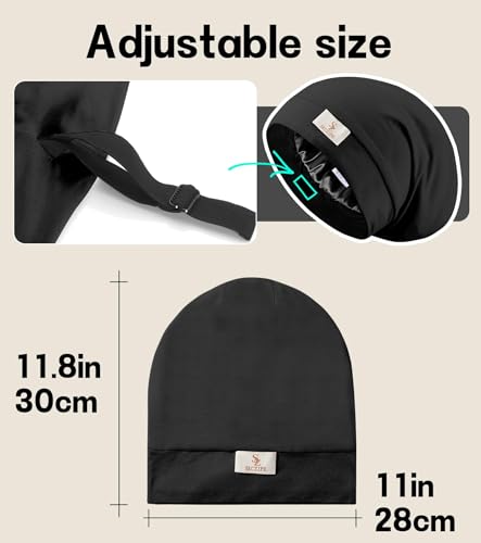 SECZIPE Medium-Large Black Satin Sleep Bonnet 2pcs for Curly & Natural Hair