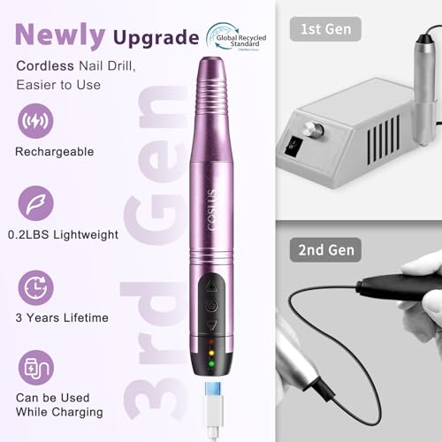 COSLUS C20 Cordless Nail Drill Electric File: Professional for Acrylic Gel Dip Powder Nails, Portable All-in-One Nail Drill Machine Kit for Manicure & Pedicure, Rechargeable Lightweight, Purple