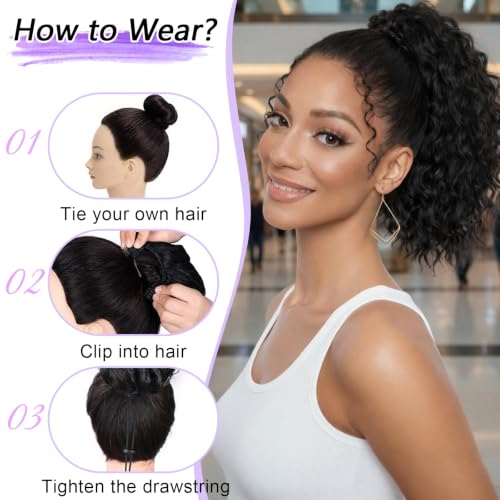 8 Inch Short Wavy Curly Drawstring Ponytail Extension - Jet Black Synthetic