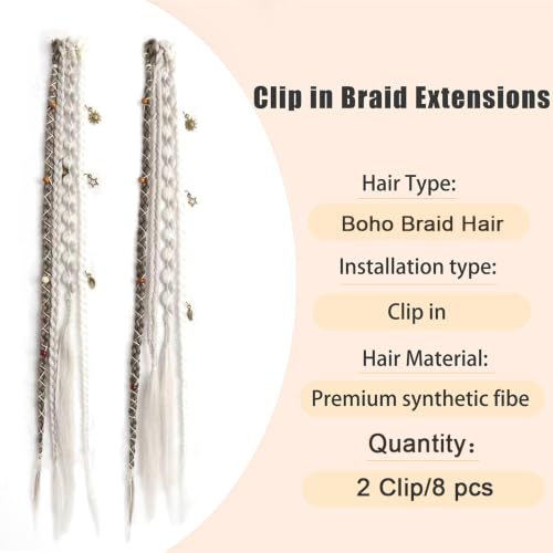 Eliza 16" Clip-In Braid Hair Extensions - Mixed Gray Boho Dreadlocks