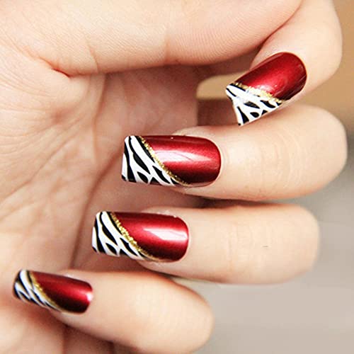 YUNAI 24-Piece Medium Length False Nails Set – Red Wine French Ellipse Leopard