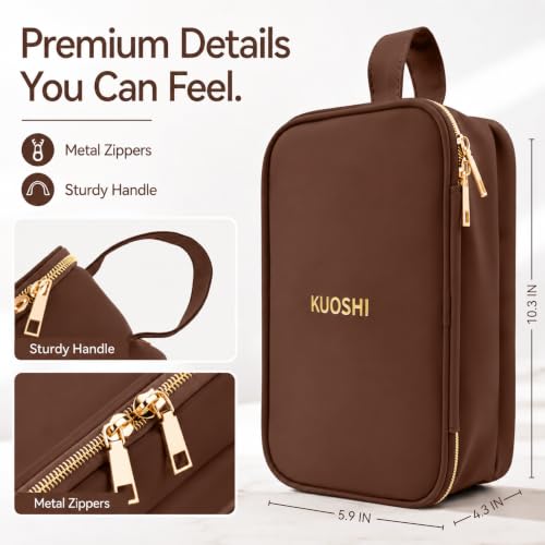 KUOSHI Brown Travel Makeup Bag - Large Waterproof Cosmetic Organizer with Dividers