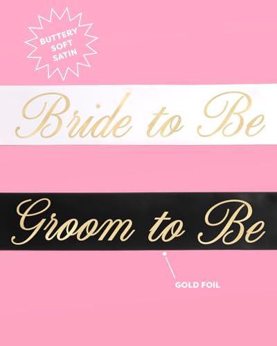 Bride and Groom Sash Set - Black & White Satin with Gold Foil