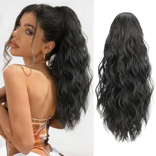 18 Inch Black Brown Curly Wavy Ponytail Extension Clip-In