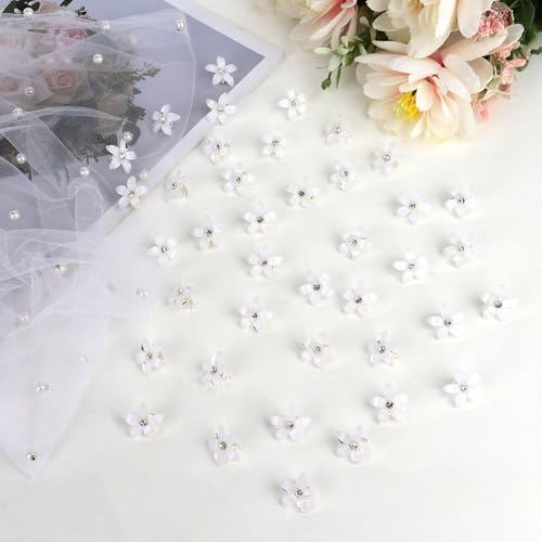 YISSION 40Pcs Mini White Flower Hair Clips with Rhinestone Core – Bridal / Wedding Hair Accessories