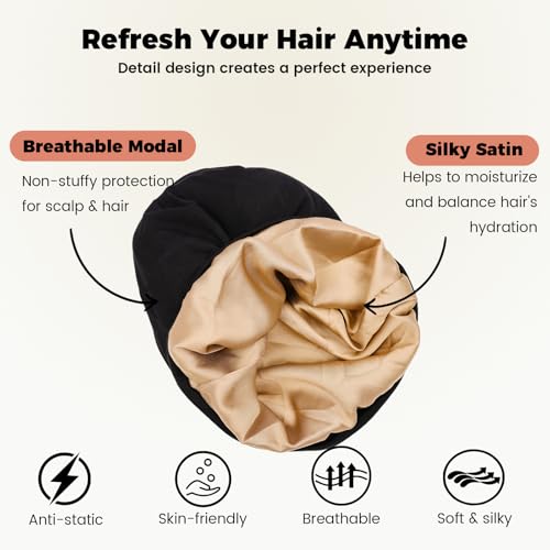 Koeuoi Adjustable Satin-Lined Silk Sleep Cap for Women Men - Black, Medium