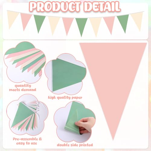 Sage Green and Pink Pennant Banner Garland - 49.2 Ft for Parties