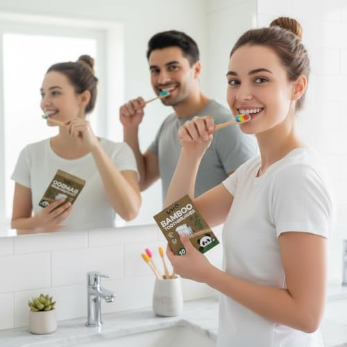 UVRA Rainbow Bamboo Toothbrush 10 Pack - Eco-Friendly Organic, Charcoal Infused Soft Bristles, Plastic-Free, Gentle for Sensitive Teeth