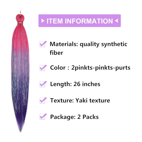 PreAfriBr Ombre Pink/Purple Tinsel Braiding Hair 26 Inch Pre Stretched Box Braids 2 Pack