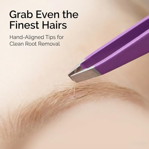 Purple Stainless Steel Tweezers Set with Travel Case - Precision Eyebrow & Facial Hair Removal