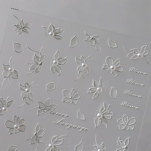 5D Embossed White Flower Nail Art Stickers - Self-Adhesive Decals
