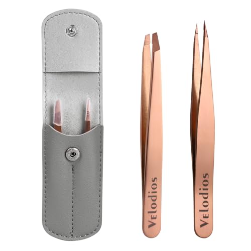 Velodios 2-Pack Precision Eyebrow Tweezers – Slant & Pointed Tips, Leather Case