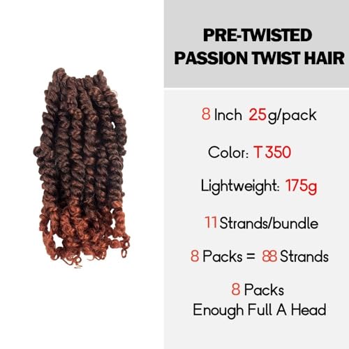 WUDAS 8 Inch Pre-twisted Passion Twist Crochet Hair - T350 Ombre Ginger Red